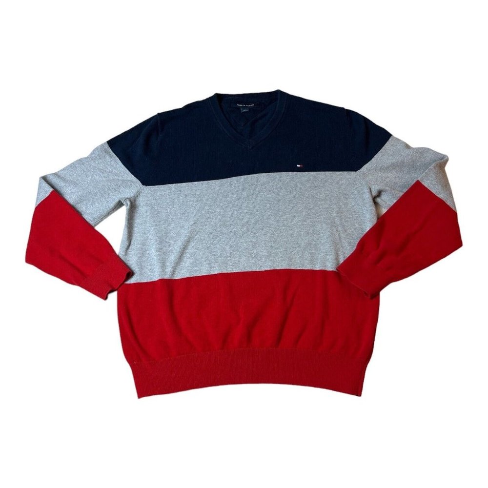 TOMMY HILFIGER Medium Long Sleeve Pullover Cotton V-Neck Sweater‎ Blue/Gray/Red